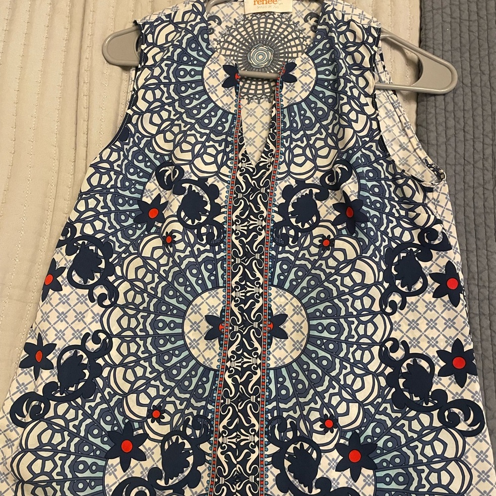 Renee C. Blue and White patterned sleeveless top